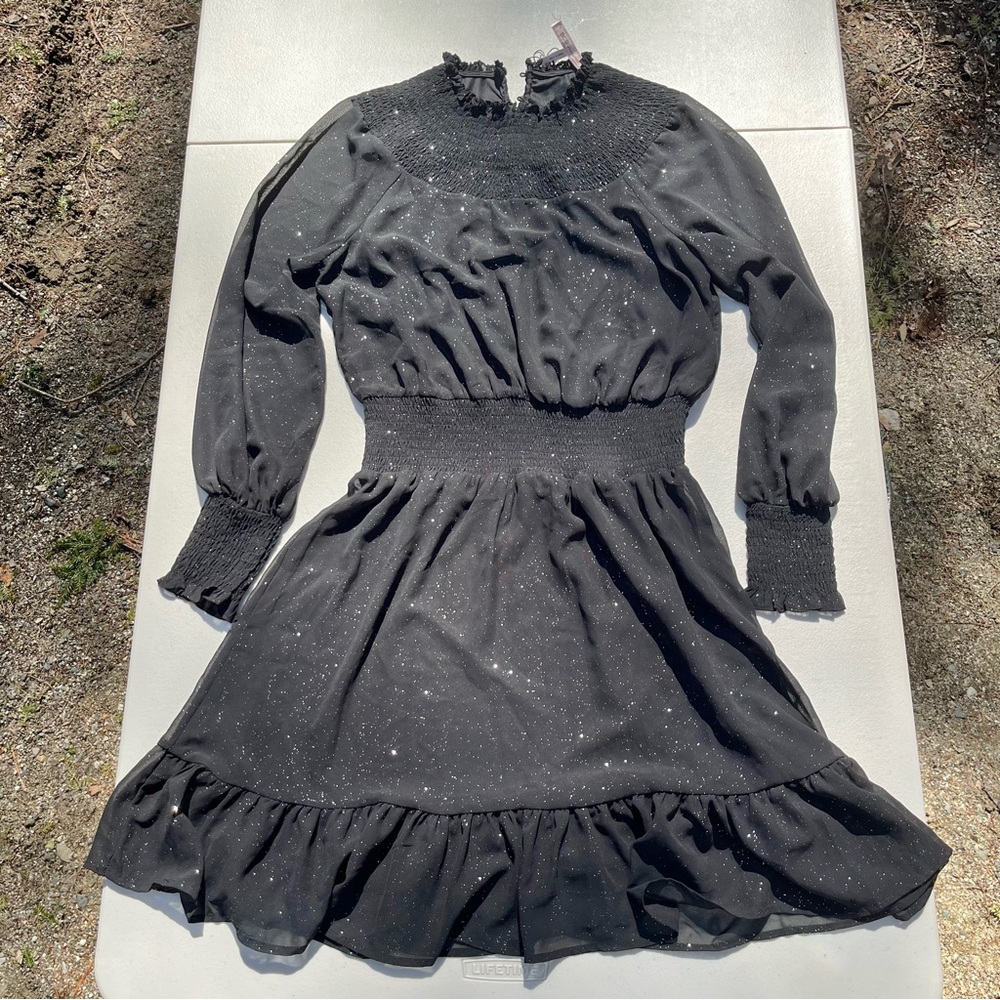 BCBG Black Long Sleeve Mini Dress with Ruffle Hem Formal or Casual